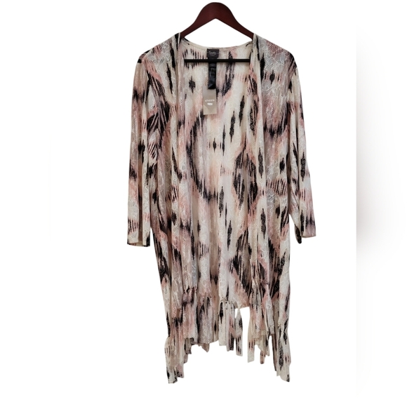 New Chico's 3 Ikat Boho Fringe Cardigan Jacket Size Large Mesh Lace Semi Sheer - Picture 1 of 6